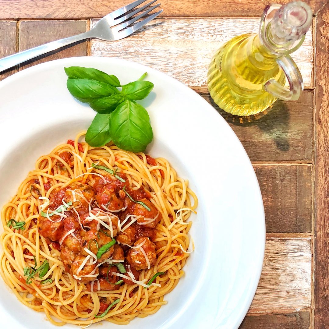 Spaghetti Meatballs with Tomato Mariana Basil and Smoked Garlic Sauce